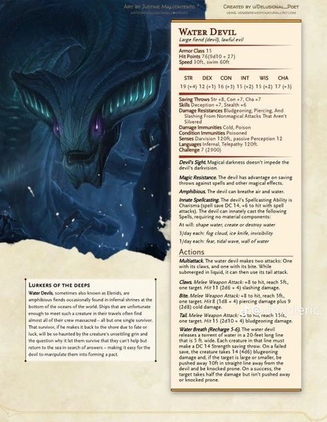 Dnd Monster Hombrew, Water Creatures Dnd, Water Monster Dnd, Dnd Water Creatures, Dnd Water Encounters, Dnd Water Monsters, Dnd Sea Monsters, Dnd Fiend, Monsters Dnd