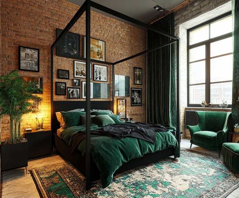 11+ Chic Bedroom Inspiration Ideas with Black and Emerald Green • 333+ Inspiring Lifestyle Ideas Emerald And Black Bedroom, Emerald Green Aesthetic Bedroom, Dark Botanical Bedroom, Emerald Green Black And Gold Bedroom, Green Black Bedroom, Emerald Green Bed, Dark Green And Black Bedroom, Black And Green Bedroom, Black And Dark Green Bedroom