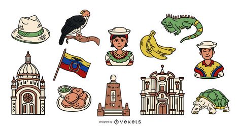 Ecuador Colored Illustrated Elements Pack #AD , #paid, #Affiliate, #Colored, #Pack, #Elements, #Ecuador Ecuador Tattoo Ideas, Ecuador Art, Ecuador Tattoo, Ecuador Travel, Book Catalogue, Illustrated Map, Travel Scrapbook, Graphic Image, Ecuador