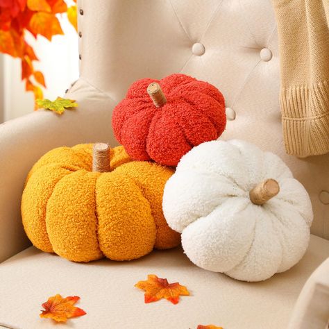 PRICES MAY VARY. Quality Comfort: the fall throw pillows set includes 3 uniquely crafted pumpkin shaped pillows in different sizes and colors,a Maple Leaf Yellow pillow with a width of 11.8 inches/ 30 cm, a light milky white pillow measuring 9.8 inches/ 25 cm, and a Autumn Orange one coming at 7.1 inches/ 18 cm; Filled with PP cotton and made with comfortable Sherpa fabric, these pillows provide an optimal level of softness, lightweight construction, and reliable breathability Pumpkin Design: th Fall Decorative Pillows, Fall Decor Living Room Cozy, Halloween Bedroom, Pumpkin Pillow, Bedroom Couch, Fall Throw Pillows, Pillow Plush, Fall Table Settings, Pumpkin Pillows