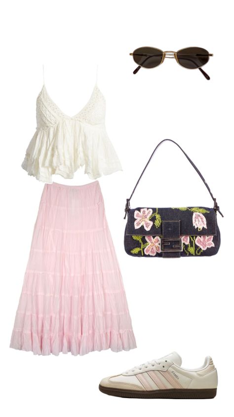 White top light pink maxi skirt white and light pink sambas sunglasses denim purse with light pink flowers trendy everyday outfit Pink Maxi Skirt Outfit, Light Pink Maxi Skirt, Pink Sambas, Maxi Skirt White, Pink Maxi Skirt, Samba Outfit, Light Pink Flowers, Maxi Skirt Outfits, Denim Purse