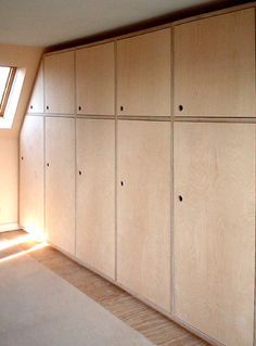 'Weaver' Plywood fitted wardrobes - would love introduce some natural plywood into the house. could be a concealed wardrobe/closets in master, and also bench for dining if we can push out kitchen/living space... Plywood Interior, Plywood Cabinets, Fitted Wardrobes, Loft Room, Bedroom Wardrobe, Plywood Furniture, Wardrobe Doors, Wardrobe Design, Built In Wardrobe