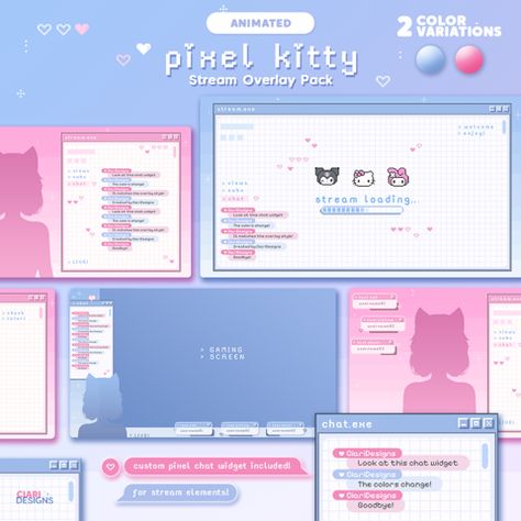 Pixel Kitty | Animated Stream Overlay Pack & Chat Widget | Animated Screens | Twitch design | VTuber assets - Ciari's Ko-fi Shop Chat Widget, Twitch Streaming Setup, Vtuber Assets, Streaming Setup, Stream Overlay, Twitch Overlay, Goods And Services, How Are You Feeling, Kitty