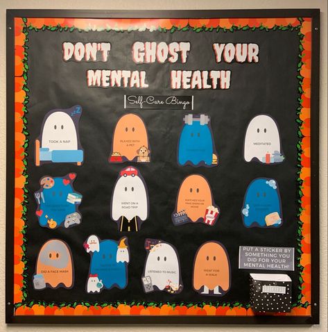 Advising Bulletin Boards, College Advising Office Decor, Health Classroom Ideas, Mental Health Board Ideas School, Mental Wellness Bulletin Board, Senior Living Bulletin Board Ideas, School Bulletin Boards Highschool Aesthetic, School Health Office Bulletin Boards, Doctors Office Bulletin Board Ideas