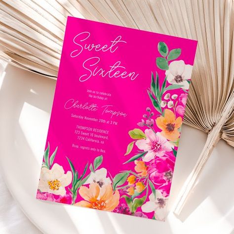 Bright bold wild flowers script Sweet 16 for $2.77 - Birthday Invitations Pink And Yellow Invitation, Modern Garden Party, Wild Flowers Bouquet, Floral Sweet 16, Summer Birthday Invitations, Bouquet Illustration, Sweet Sixteen Birthday Invitations, Sweet Sixteen Ideas, 30th Birthday Party Invitations