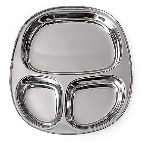 WG inc Stainless Steel Compartment Plate - 3 in 1 Divided Oval Thali Mess Tray Dinner Platter Breakfast Lunch Suction Dishes - Dishwasher safe, Reusable, Unbreakable, BPA Free (Small) Lifestyle Block, Tray Dinner, Camping Plates, Camping Dishes, Toddler Plates, Dinner Tray, Kids Plates, Baby Bowls, Dining Room Table Decor