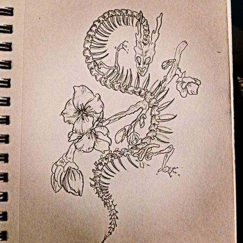 Skeleton Dragon Art, Skeleton Dragon Tattoo, Dragon Tattoo With Flowers, Simple Unique Tattoos, Chinese Dragon Drawing, Skeleton Sketch, Dragon Skeleton, Asian Dragon Tattoo, Small Dragon Tattoos