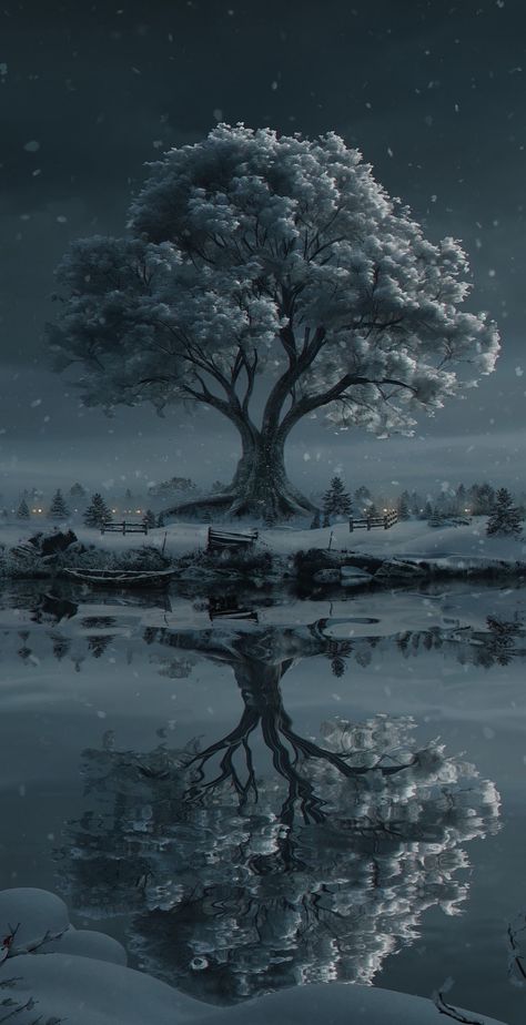 Reflection Pond, Wallpaper Tree, Pixel Art Landscape, Night Sky Art, Dark Landscape, Winter Evening, Night Sky Wallpaper, Cool Backgrounds Wallpapers, Dark Phone Wallpapers