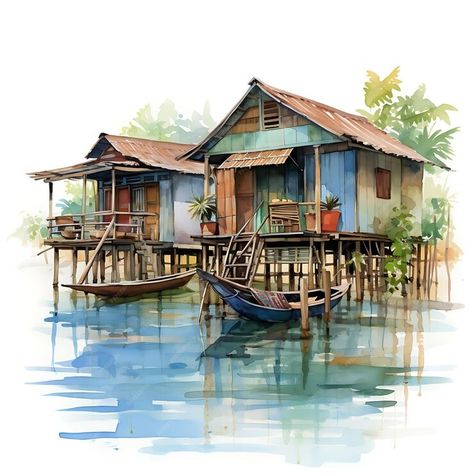 Premium AI Image | Watercolor Room of Cambodian Floating Village Room Inspired by Fl On White Background Scene Art Watercolor Room, Water Village, Village Scene Drawing, Watercolor Cottage, Floating Village, Themes For Mobile, Room Inspired, Urban Sketches, Scene Drawing