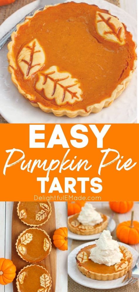 These easy Pumpkin Pie Tarts are just like classic pumpkin pie, but when made in small tart pans, they become the most beautiful individual dessert for your holiday meal! Topped with delicious vanilla bean whipped cream, your guests will be dazzled! || Delightful E Made Pumpkin Tarts Recipe Easy, Individual Pumpkin Desserts, Pumpkin Pie Tarts, Pumpkin Tarts Recipe, Individual Pumpkin Pie, Vanilla Bean Whipped Cream, Individual Meals, Pumpkin Tart, Easy Tart Recipes