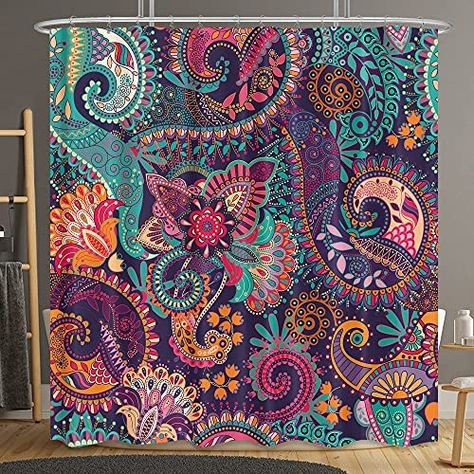 Mandala Shower Curtain, Mandala Indian, Bohemian Shower Curtain, Colorful Bathroom, Plastic Shower, Boho Yoga, Unique Shower, Shower Hooks, Home Decor Sets