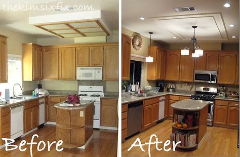 Removing a Fluorescent Kitchen Light Box - The Kim Six Fix Fluorescent Kitchen Lights, Kitchen Lighting Remodel, Lighting Makeover, Kitchen Box, Kitchen Light, Kitchen Ceiling, Kitchen Ceiling Lights, New Kitchen Cabinets, Kitchen Lighting Fixtures