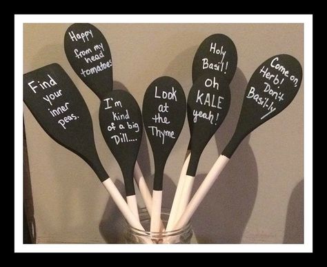 Plant Markers spoons 4 Herb Puns, Garden Puns, Herb Garden Markers, Herb Markers, Plant Puns, Painted Plant Pots, Herb Planters, Plant Labels, Herb Pots