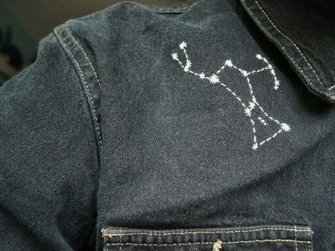 Orion constellation hand embroidery on a denim shirt I bought to embellish, the first of many (I hope). Orion Constellation Embroidery, Embroidery Constellation, Constellation Embroidery, Denim Jacket Embroidery, Orion Constellation, Embroidery Skirt, Diy Embroidery Designs, Denim Inspiration, Art Things