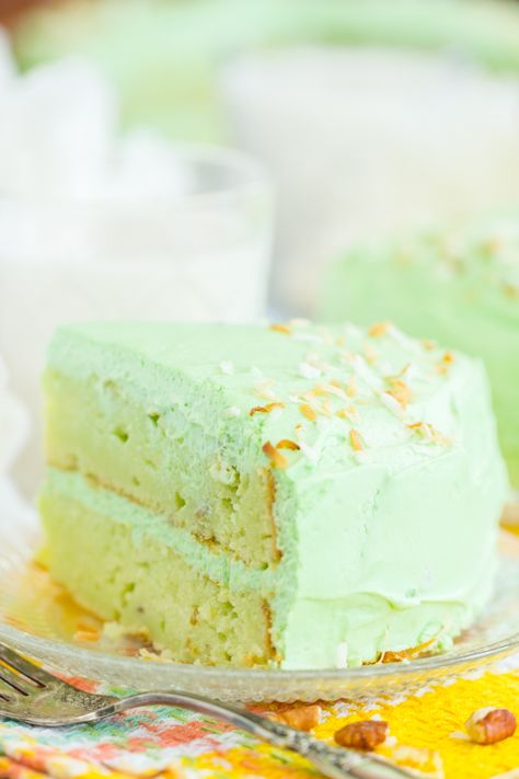 Pistachio Cake with Pistachio Frosting • The Gold Lining Girl Pistachio Frosting Recipe, Pistachio Frosting, Cake With Pistachio, Pistachio Pudding Cake, Pistachio Cake Recipe, Pudding Frosting, Pistachio Recipes, Cake Frosting Recipe, Sour Cream Cake