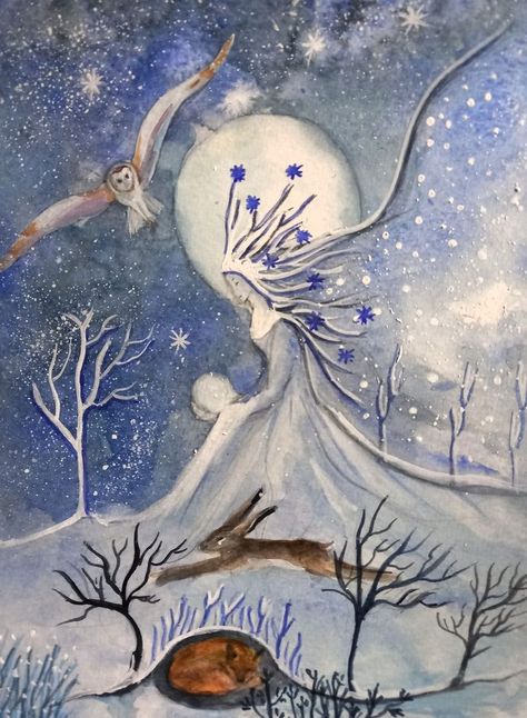 December Solstice, Fairy Paintings, Beautiful Night Images, Pagan Art, Winter Fairy, Winter Images, Deer Art, Easy Canvas Painting, Abstract Art Inspiration