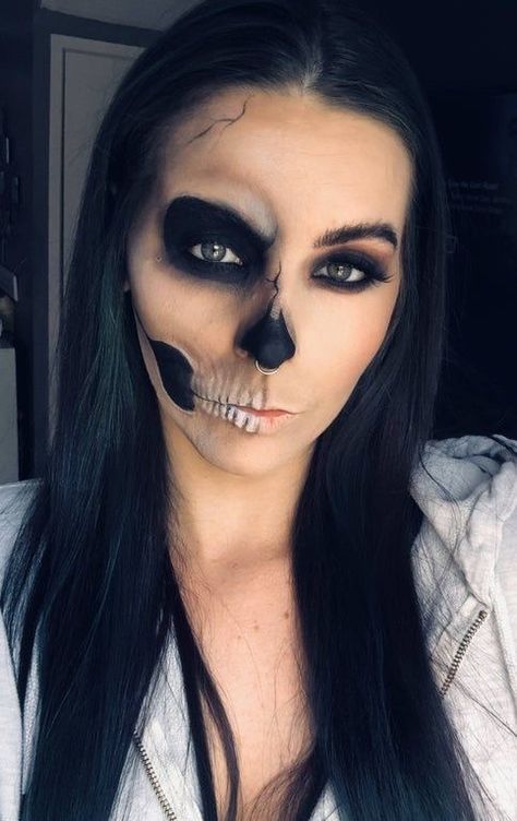 Skeleton Makeup Pretty Half Face, Halloween Skull Makeup Half Face, Half And Half Halloween Makeup, Simple Skeleton Makeup Half Face, Subtle Skull Makeup, Easy Half Skull Makeup, Female Skull Makeup, Half Skull Makeup Men, Easy Skull Makeup Simple