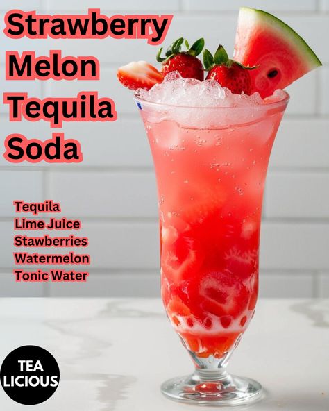 Strawberry Melon Tequila Soda Sweet Tequila Cocktails, Alcoholic Drinks For A Party, Drinks For A Party, Mixed Drinks Alcohol Recipes, Tequila Soda, Alcohol Beverages, Liquor Recipes, Cocktail Drinks Alcoholic, Ebook Promotion