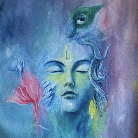 Meditating krishna - by CP Sharma, Acrylic on canvas. Krishna Watercolor, Sri Krishna, Interior Painting, Interior Paint, Krishna, Front Door, Paintings, Paint, Lighting