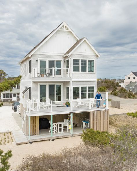 Coastal Piling Home - Beach Style - Exterior - Boston - by deMartin Dunham Builders | Houzz Coastal Board And Batten, Beach Homes Exterior Seaside, Coastal Gable Facade, Beach House Exterior On Stilts, Beach House On Pilings Exterior, Beach House On Pilings, Coastal Beach House Exterior, Coastal Exterior Homes, Hamptons Coastal Fascade