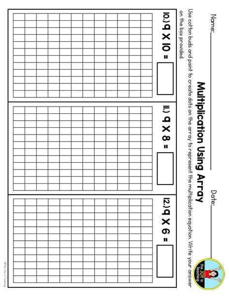 This Multiplication Using Array Worksheet is a fun and engaging Activity to practice multiplication using arrays. They will get to use paint and cotton buds to create arrays and answer the multiplication equation after the paint activity. This will help them visualize the multiplication equation in an area/ array. This resource will help them interpret products of whole numbers through counting the dots on the array. Array Worksheets, Multiplication And Division Practice, Multiplication Practice, Multiplication Games, Multiplication Worksheets, Second Grade Math, Third Grade Math, Cotton Buds, Number Line