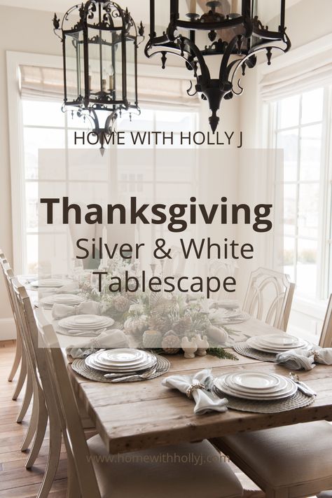 As Autumn approaches, I start to think about Thanksgiving. I have decided to do a silver and white Thanksgiving tablescape. I love both silver and white decor. This beautiful rustic fall decor will make you the talk of the town. For more Thanksgiving table decoration and ideas, visit my website, Home with Holly J Silver Fall Tablescape, Silver Thanksgiving Table Settings, Silver Thanksgiving Table Decor, White Thanksgiving Tablescapes, Elegant Thanksgiving Table Settings, Simple Fall Tablescapes, Thanksgiving Dining Table Decor, Beautiful Thanksgiving Table Settings, Thanksgiving Table Settings Elegant