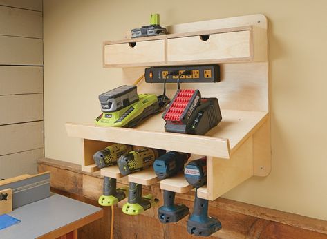 Building a Cordless Drill Charging Station: It’s not uncommon for a woodworker to own two or three different cordless drills, plus various other power tools. And that’s the inspiration behind this cordless drill charging station. Diy Cordless Tool Storage, Garage Woodshop, Woodsmith Plans, Power Tool Storage, Garage Tool Storage, Shop Cabinets, Tool Storage Diy, Diy Garage Storage, Garage Storage Organization