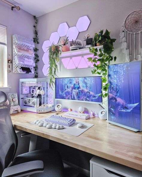 Weekend vibes 🪻🎐 51 days til autumn 🥹 I'm growing excited ໒꒰ྀི´• ˕ •` ꒱ྀིა desk setup ▪︎ room ▪︎ setup style ▪︎ minimalist style ▪︎ white ▪︎ desk ▪︎ pc setup ▪︎ purple #purple #pc #pcgaming #pcbuild #hyte #aorus #gigabyte #setup #setupgamer #aesthetic #gamingcommunity #desksetup #deskgram #kawaii #ahri White And Purple Gaming Setup, Purple Desk Decor, Pc Setup Purple, Desk Pc Setup, Blue Setup, Cool Loft Beds, Gaming Computer Room, Purple Desk, Games Room Inspiration