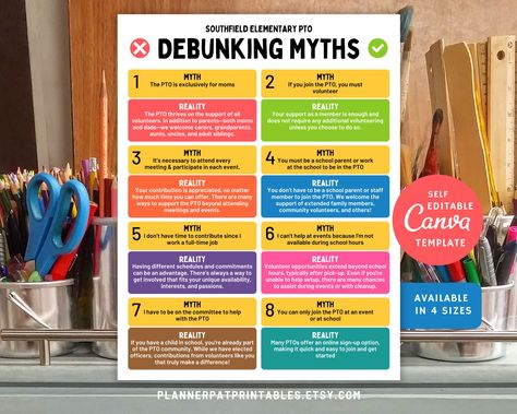 🚨STOP!🚨 Don't believe the PTA/PTO myths - get the facts with our Editable Debunking 8 PTA PTO Myths Flyer Template! 💡 Create your own DIY membership flyer with ease using Canva for only $9.99. 💰 Don't miss out on this amazing deal! 🤩 #PTA #PTO #myths #flyertemplate #membership #diy #canva #sale #bargain #debunking #educational Canva Flyer, Parent Teacher, Parents As Teachers, Using Canva, School Colors, Send It, Editable Template, Flyer Template, Save Time