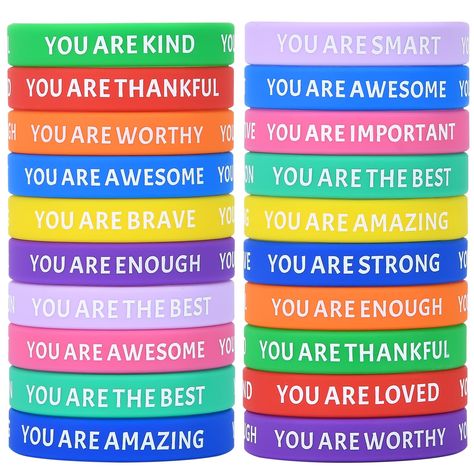 PRICES MAY VARY. Inspirational Iristbands: The bracelets are in attractive colors and printed with inspirational words, Some words are simple and positive, wearing them can bring you encouragement. What you get: A pack of 20 inspirational wristbands in 10 styles, 2 of each style; plenty of quantity and inspirational design for your daily wear and replacement, suitable for use at parties, competitions, school events and other occasions. ONE FITS MOST: These inspirational bracelets have a circumfe Encouragement Ideas, Anniversary Gift For Friends, Prize Gifts, Gifts For Students, Classroom Hacks, Design Quotes Inspiration, Classroom Prizes, Positive Encouragement, Classroom Rewards