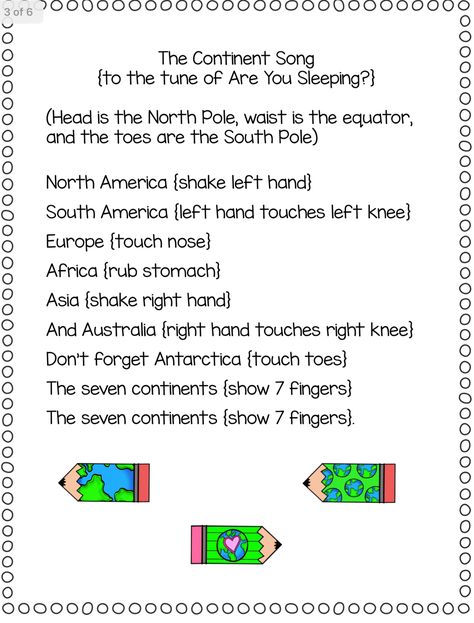 Continent Song Preschool, Continents Lesson Plan, Around The World Songs For Preschool, All Around The World Activities For Kids, Continents Activities Preschool, Preschool Continents, Around The World Preschool, Continents Song, Continents Activities