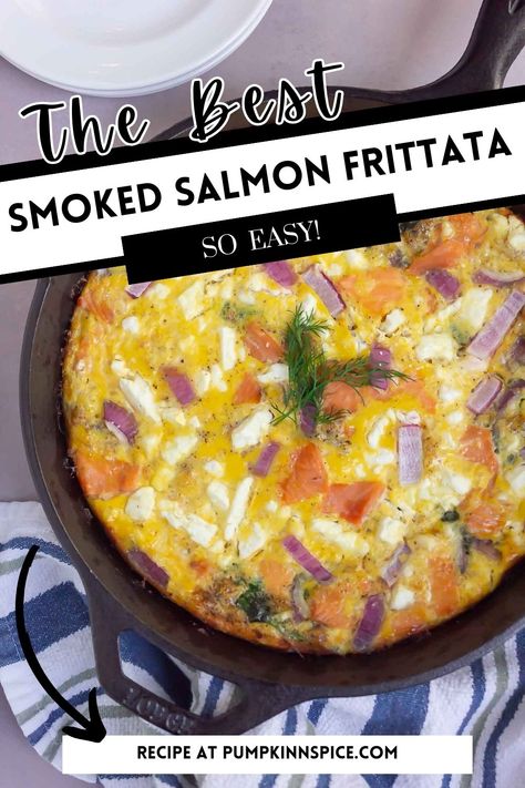 This Smoked Salmon Frittata is a simple recipe that's perfect for breakfast or brunch. Loaded with smoked salmon, feta cheese, red onions, and spinach, this dish is ready in no time and packed with flavor! Feta Breakfast, Salmon Frittata, Smoked Salmon Frittata, Best Smoked Salmon, Healthy Frittata, Weekend Brunch Recipes, Superfood Recipes, Frittata Recipes, Foodie Friends