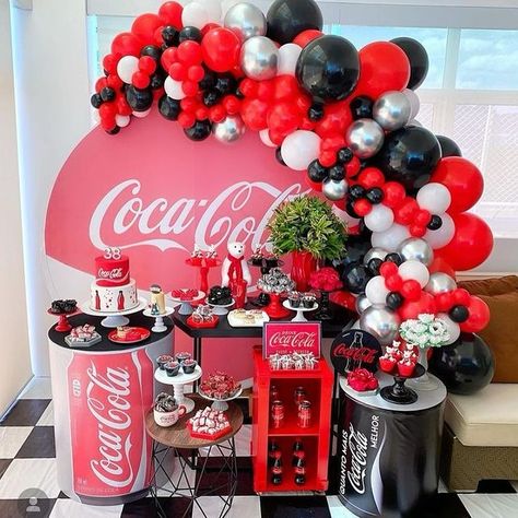 Coca Cola Party Theme, Elvis Birthday Party, Tardis Cake, 30th Birthday Party Themes, Dads Root Beer, Coca Cola Party, Coca Cola Cake, Balloon Arch Decorations, Coca Cola Decor