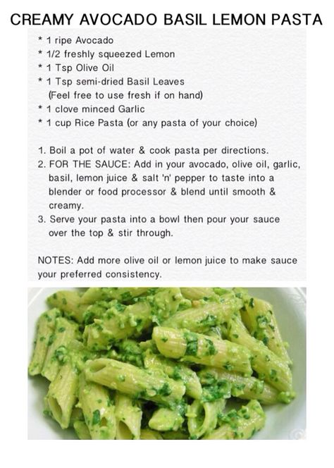 Lemon Basil Pasta Sauce, Avocado Pasta Recipes, Avocado Basil Pasta Salad, Basil Pasta With Lemon Garlic Butter Sauce, Pku Food, Avocado Basil Pasta, Avocado Pasta Sauce, Avocado Recipes Pasta, Avocado Sauce Pasta