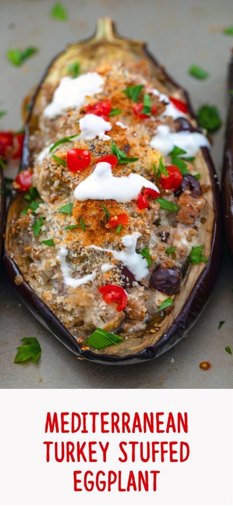 Mediterranean Turkey Stuffed Eggplant – This turkey stuffed eggplant is a deliciously creamy dish packed with ground turkey, Greek spices, kalamata olives, feta cheese, tomatoes, and Hood Sour Cream. Grab a fork and dig in and don't forget to eat the "bowl"! | wearenotmartha.com #HPHoodEats #HoodPartner #Wildfire451 Ground Turkey Stuffed Eggplant, Turkey Stuffed Eggplant Boats, Eggplant Turkey Recipes, Ground Turkey Eggplant Recipes, Eggplant And Ground Turkey Recipes, Ground Turkey Greek, Turkey Stuffed Eggplant, Crockpot Eggplant, Eggplant Feta