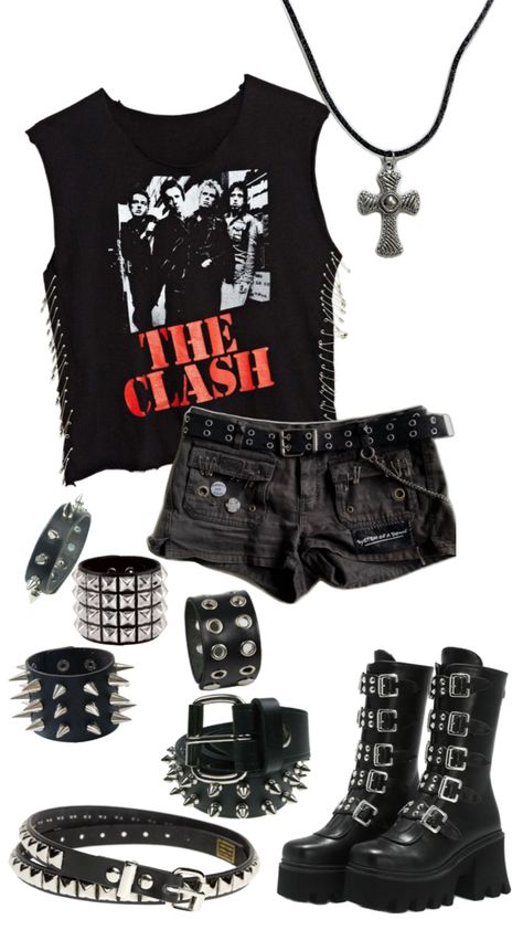 Emo Outfits Shorts, Punk Rocker Outfits, Goth Shorts Outfits, Grunge Outfits With Shorts, Summer Punk Outfits, Emo Summer Outfits, 80s Rock Outfit, Rock Clothes, Y2k Rock