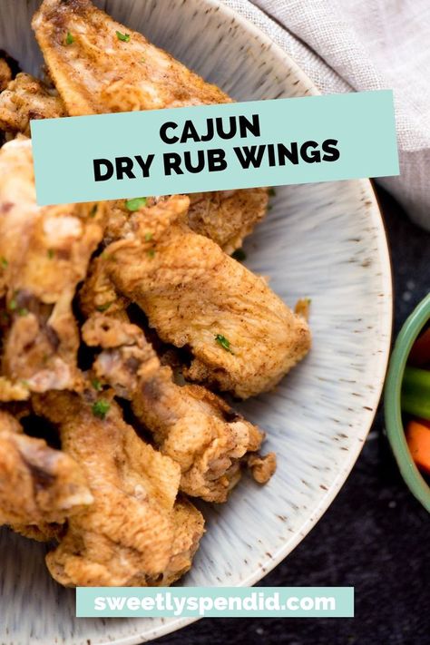 Plate of cajun chicken wings with a dry rub seasoning. Cajun Wings Recipe, Cajun Dry Rub, Cajun Wings, Dry Rub Wings, Wings Recipe, Baked Chicken Wings, Cajun Chicken, Yummy Chicken Recipes, Dry Rub