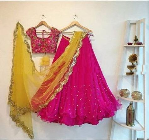 #Pastellehnga‘s have their own charm. They look super feminine and ultra girlish. And if you are a fan of pastel shade lehnga’s, then you would definitely want to keep one set for your #weddingfunction. Pastel shade lehnga’s are perfect for day weddings which let you embrace all the lively color combinations. Here are a few color combinations to try with a pastel yellow shade….  #Threads Geethika Kanumilli, घाघरा चोली, Blouse Lehenga, Simple Lehenga, Half Saree Lehenga, Rani Pink, Wedding Lehenga Designs, Lehnga Dress, Lehenga Blouse Designs