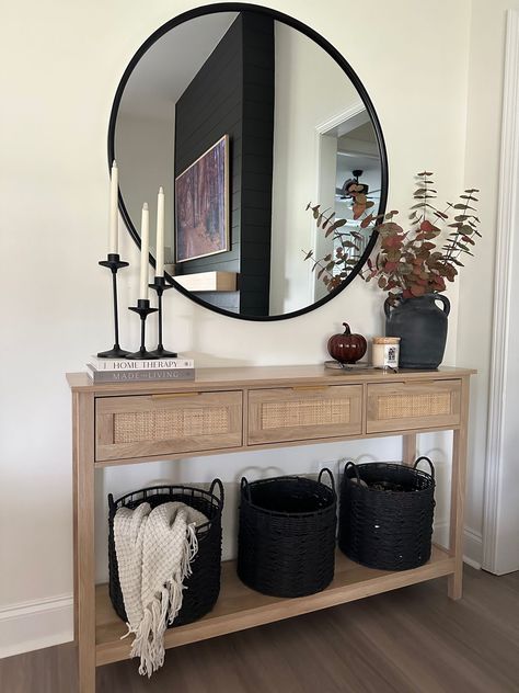 Neutral Dining Room With Black Accents, Long Empty Wall Ideas, Console Table Styling Entryway, Console Table Boho, Realistic Apartment, Rattan Console Table, Hallway Table Decor, Rattan Console, Sofa Table Decor