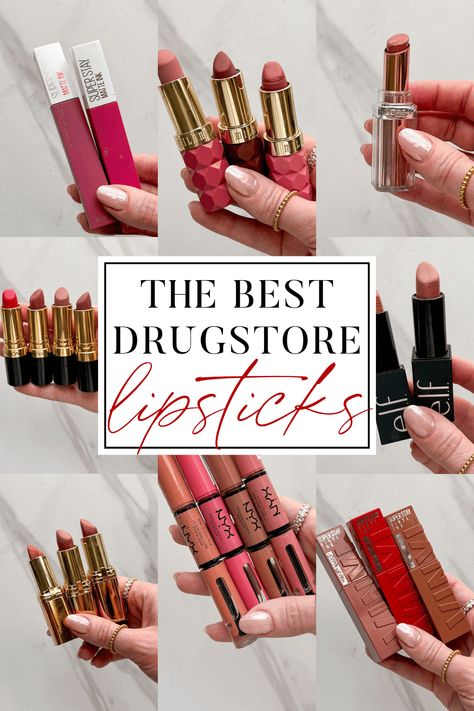 Best Drugstore Lipsticks That Look + Feel High End - so many amazing options and finishes! Mica Lipstick Loreal, Best Cheap Lipstick, Red Lip Fair Skin, Best Drugstore Lip Stain, Best Everyday Lipstick, Best Drugstore Lip Products, Fall Lipstick Colors 2024, Best Lip Color For Blondes, Lipstick That Stays On All Day