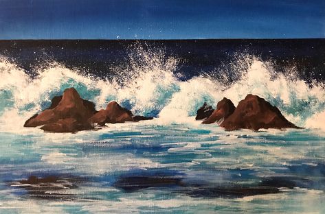 Draw Waves, Beach Canvas Paintings, Rocks Painting, Wave Drawing, Water Splashing, Drawing Water, Waves Crashing, Acrylic Painting For Beginners, Drawing Digital