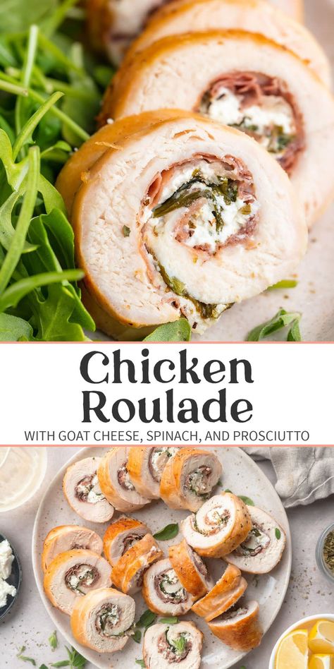 Stuffed Chicken Roll, Chicken Roulade Recipe, Goat Cheese Prosciutto, Mushroom Stuffed Chicken, Chicken Roulade, Roulade Recipe, Bacon Mushroom, Chicken Roll, Christmas Main