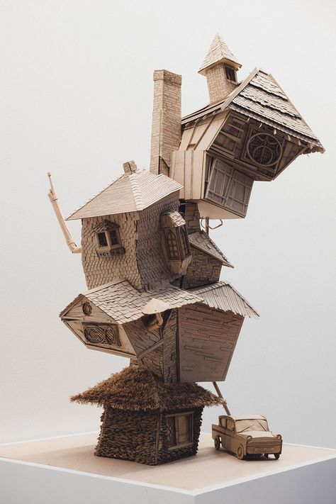 architecture students reimagine ollivanders, weasley burrow, and more harry potter scenes  www.designboom.com Weasley Burrow, The Burrow, Harry Potter Scene, Cardboard Sculpture, Cardboard House, Cardboard Art, Architecture Student, Cardboard Crafts, Fairy Houses