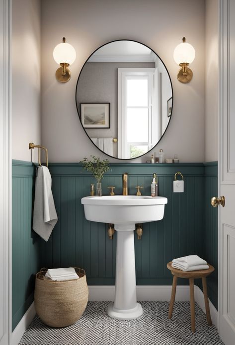 Discover how a chic pedestal sink and stylish mirror can elevate your small bathroom while maximizing functionality. #SmallBathroom #PedestalSink #BathroomDecor Sink Design Bathroom Small Spaces, Bathroom Ideas With Beadboard, Bead Board Powder Bath, Pedastill Sink Bathroom, Bathroom With Wainscotting, Bathroom Bead Board, Pedistool Sink, Pedastool Sink, Bathroom 2025