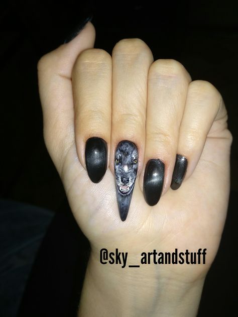 Wolf nail art. Follow on instagram: @sky_artandstuff. #nailart #nails #wolf #nail Wolf Nail Art, Wolf Nails, Nail Idea, Follow On Instagram, 7th Grade, Christmas Nails, Glow Up?, Worth Reading, Nail Designs