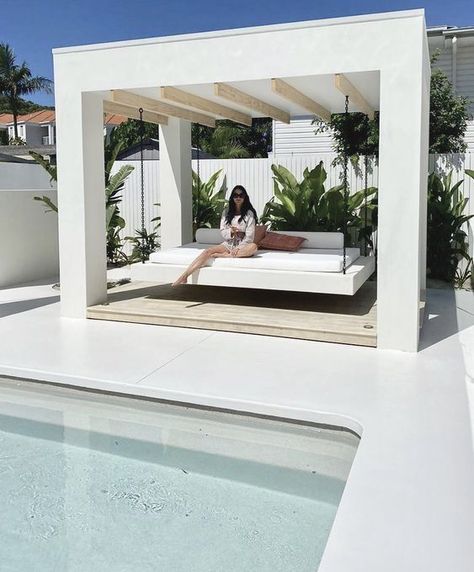 Swing chair cabana. #Swingchair #cabana #exterior #minimalism #design #monochrome #masseria #lamia #lighting #puglia #lifestyle #architecture #style #poolside #pool #planting Hamptons Pool, Blue Haven Pools, Ideas De Piscina, Pool Gazebo, Modern Pool House, Pool Inspiration, Day Beds, Hamptons Coastal, Outdoor Pool Area