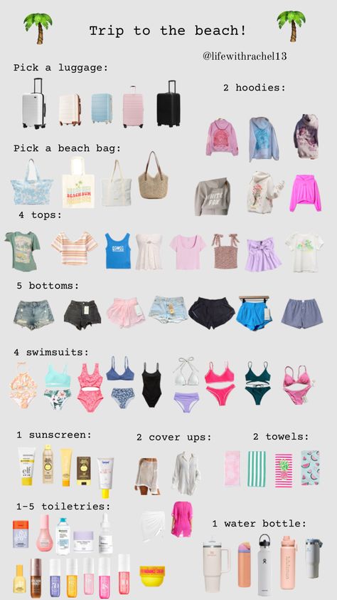 #preppy #girl #beach #beachtrip #trip #vacation #summer #soldejaneiro #drunkelephant #glowrecipe #skincare #swimsuits #cute #aesthetic #makeurown #travel #elf #lululemon #bubble #glowscreen Preppy Packing, Sleepover Packing List, Swimsuits Cute, Road Trip Bag, Cute Travel Outfits, Travel Packing Checklist, Cute Beach Outfits, School Bag Essentials, Airport Fits