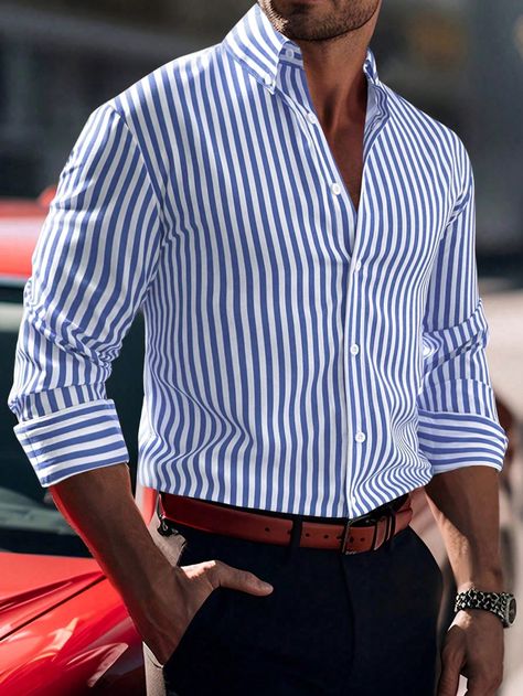 Navy Blue Casual Collar Long Sleeve Fabric Striped Shirt Embellished Slight Stretch  Men Clothing Stripes Men Outfit, Blue Striped Shirt Men, Blue Striped Shirt Outfit Men, Striped Shirt Outfit Men, Blue Shirt Outfit Men, Shirt Men Outfit, Shirtdress Outfit, Striped Shirt Outfit, Blue Striped Shirt Outfit