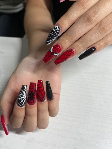 Spider Man Nails Coffin, Spiderman Nails Designs, Spiderman Nails Acrylic, Nails Spiderman, Spiderman Nails, Nail Art Step By Step, Marvel Nails, Art Step By Step, Art Spiderman