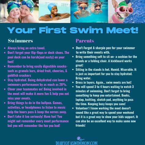 Swim Meet Writing On Back, Swim Meet Checklist, Swim Meet Theme Ideas, Swim Meet Themes, Swim Meet Packing List, What To Bring To A Swim Meet, Swim Team Mom, Swim Tips, Team Ideas